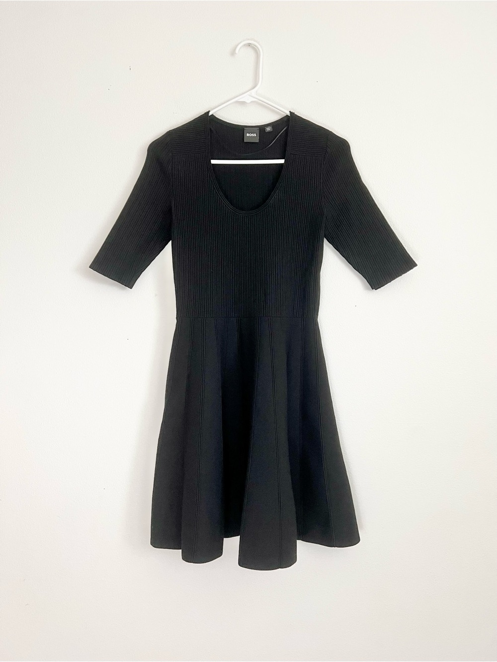 BOSS Frankina Ribbed Knit Fit and Flare Mini Dress Quiet Luxury Minimalist Chic